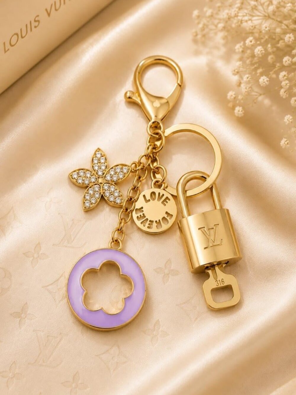 LV Authentic Gold Lock & Key 🔑 Luxury Bag Charm w/ Unbranded Flower Keychain